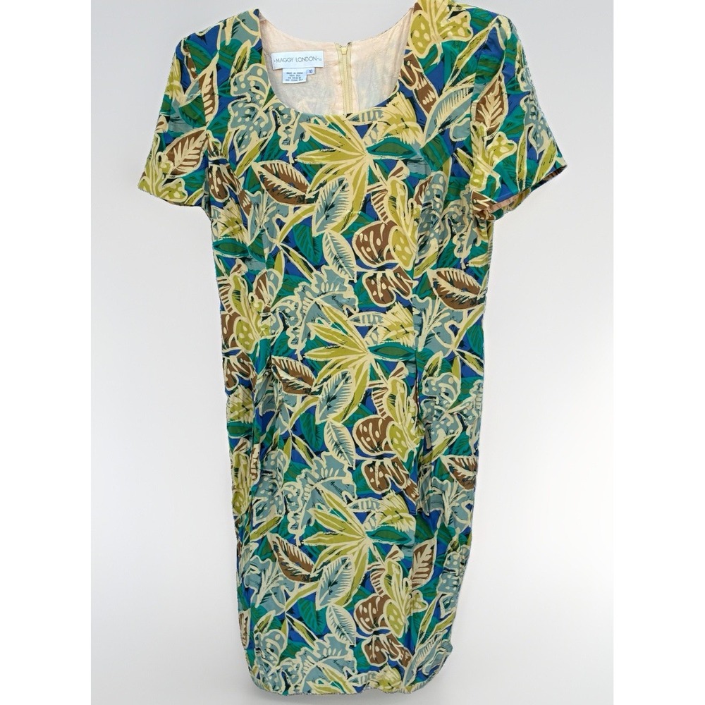 Vintage Maggy London 100% Silk Dress Midi Colorful Floral Sz 10 Classic Modest